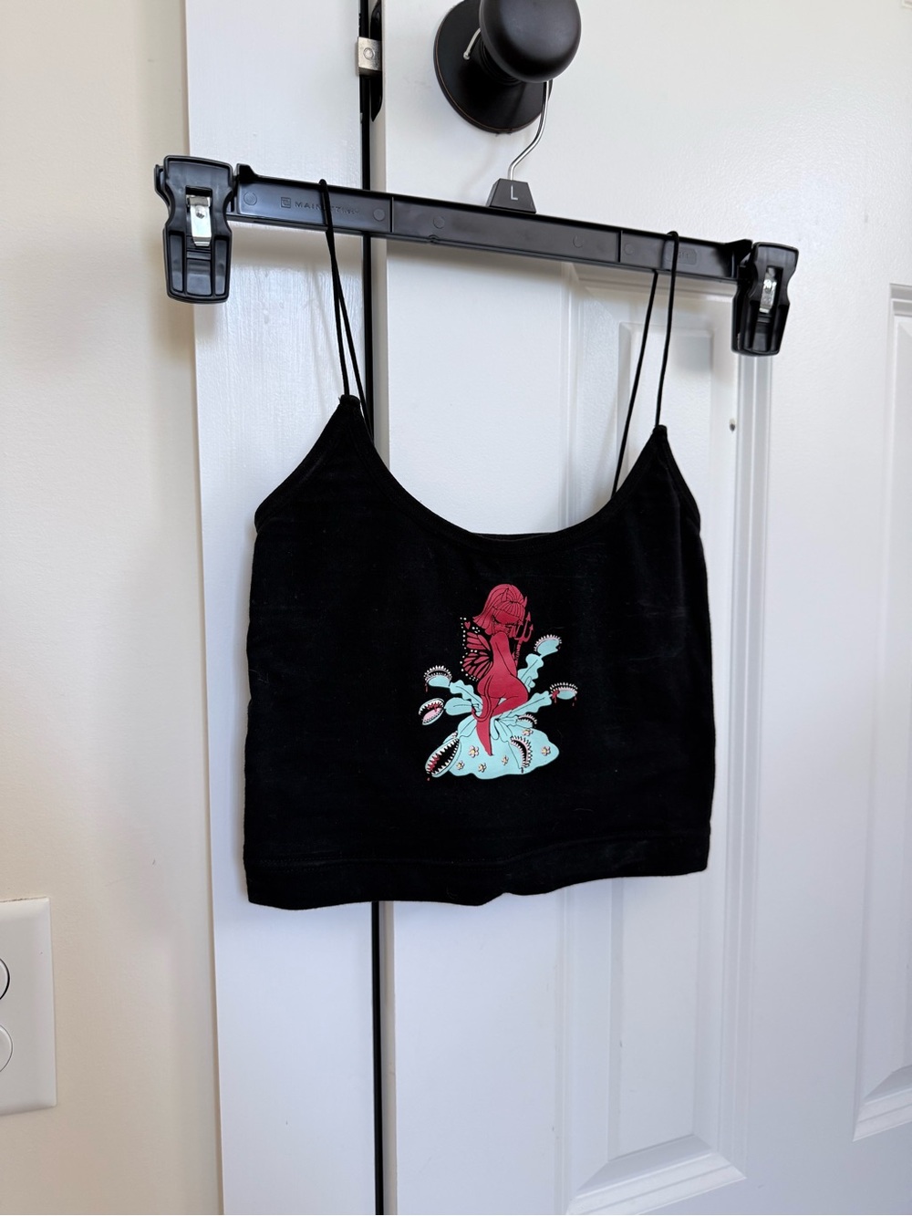 Black Graphic Cropped Cami with Pink & Aqua Mermaid